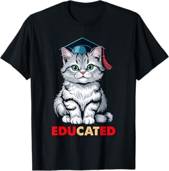 Educated Cat Funny Graduation Cap School Seniors Students T-Shirt for Men Women Kids
