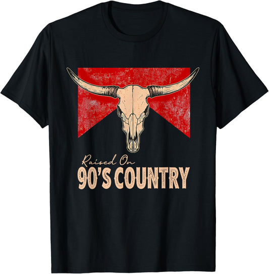 Vintage Western Bull Skull Raised On 90's Country Music T-Shirt
