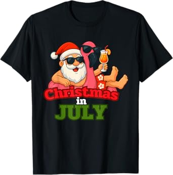 Santa Flamingo Summer Xmas On The Beach Christmas In July T-Shirt