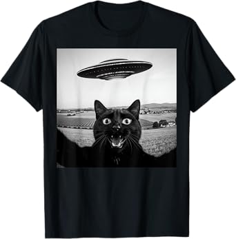 Black Cat Selfie UFO Alien Funny Gifts For Men Women Kids T-Shirt