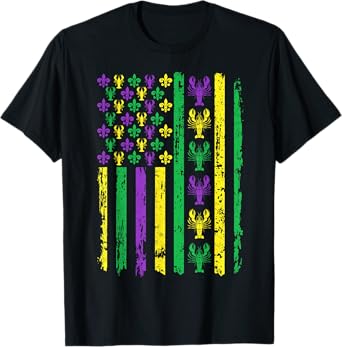 Mardi Gras Shirt Fleur De Lis Crawfish American Flag T-Shirt