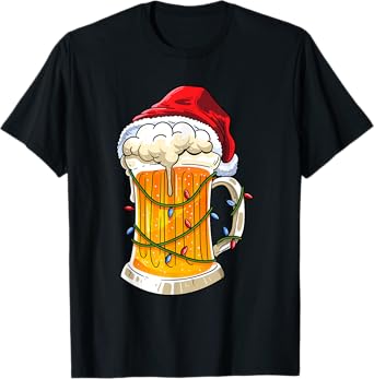 Beer Christmas Mug Santa Hat Xmas Lights Men Women Gifts T-Shirt