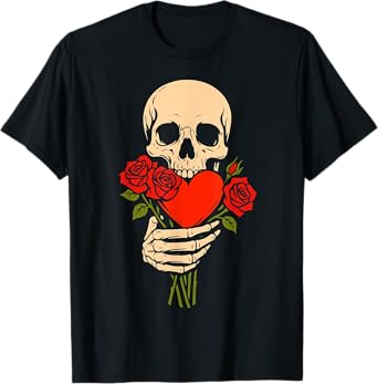 Skulls Heart Rose Flowers Halloween Skeleton Men Women T-Shirt