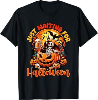 Waiting for Halloween Skeleton Drinking Beer Carved Pumpkin T-Shirt