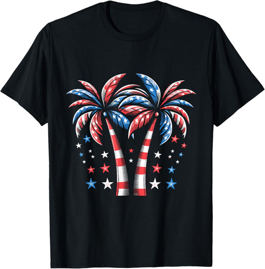 Patriotic American Palm Trees Usa Flag Summer 4th Of July T-shirt