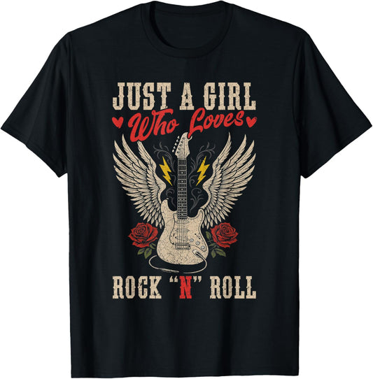 Just A Girl Who Loves Rock N Roll Guitar Rock Music Vintage T-Shirt