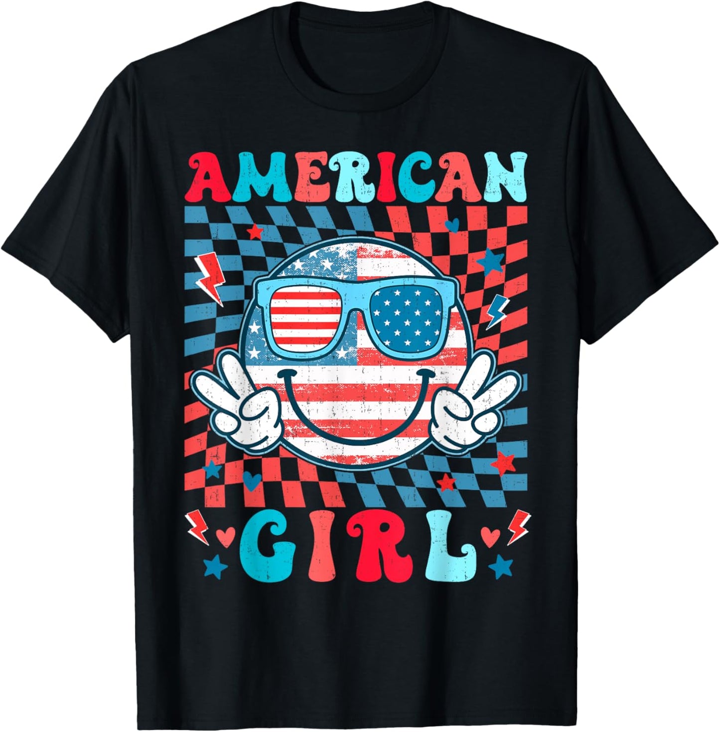 Cute Usa Flag Face American Checkered Girl July 4th Kid Girl T-shirt