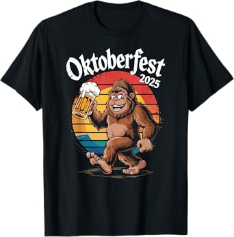 Bigfoot Oktoberfest 2025 Beer Sasquatch Retro Cryptid Sunset T-Shirt