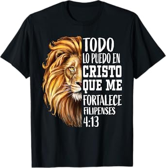 Christian Gift Men Spanish Filipenses 4:13 Verses Lion Judah T-Shirt