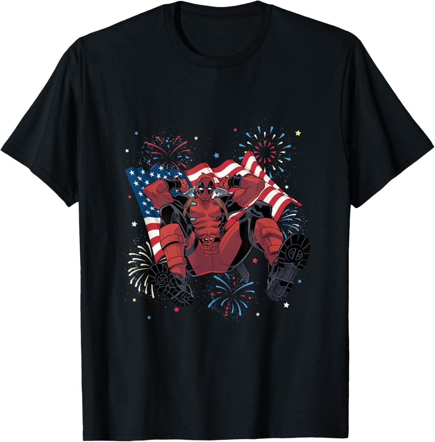 Marvel Deadpool 4th Of July Fireworks & Waving Flag Logo T-shirt