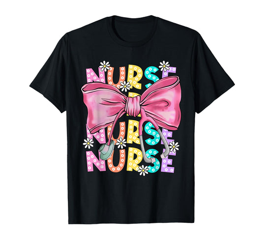 Floral Blue Coquette Bow Nurse Stethoscope Nursing Doctor T-Shirt