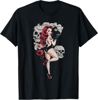 Tattoo Goth Pin-up Girl with Skull Vintage Horror Rockabilly T-Shirt