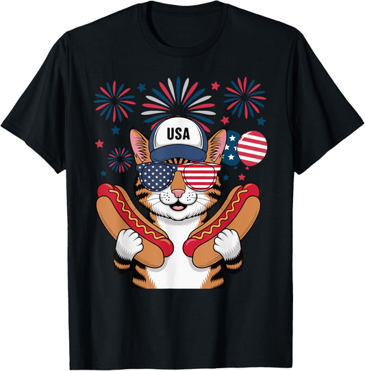 Funny Patriotic Cat Hotdog American USA Flag 4th Of July T-Shirt