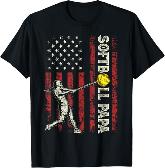 Softball Papa US Flag Gifts Dad Men Patriotic Father's Day T-Shirt