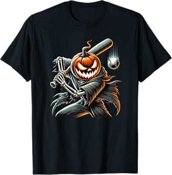 Skeleton Baseball Player Pumpkin Head Halloween Costume 2024 T-Shirt