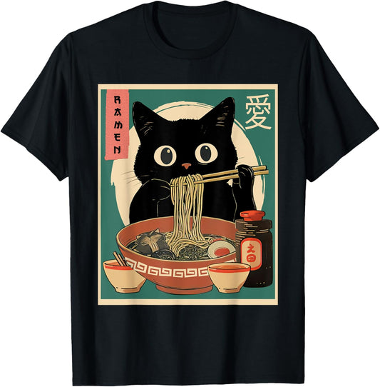 Cat Eating Ramen Graphic Funny Japanese Kawaii Anime Cat T-Shirt