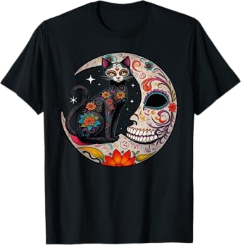 Sugar Skull Cat Moon De Los Muertos Day of Dead Halloween T-Shirt for Men Women