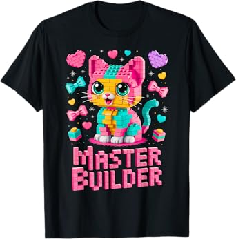 Master Builder Cat Lover Building Bricks Blocks Kids Girls T-Shirt