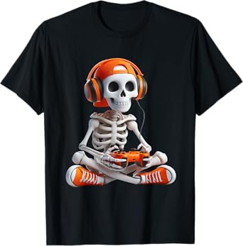 Gaming Skeleton Halloween Gamer Video Games Boys Men Kids T-Shirt