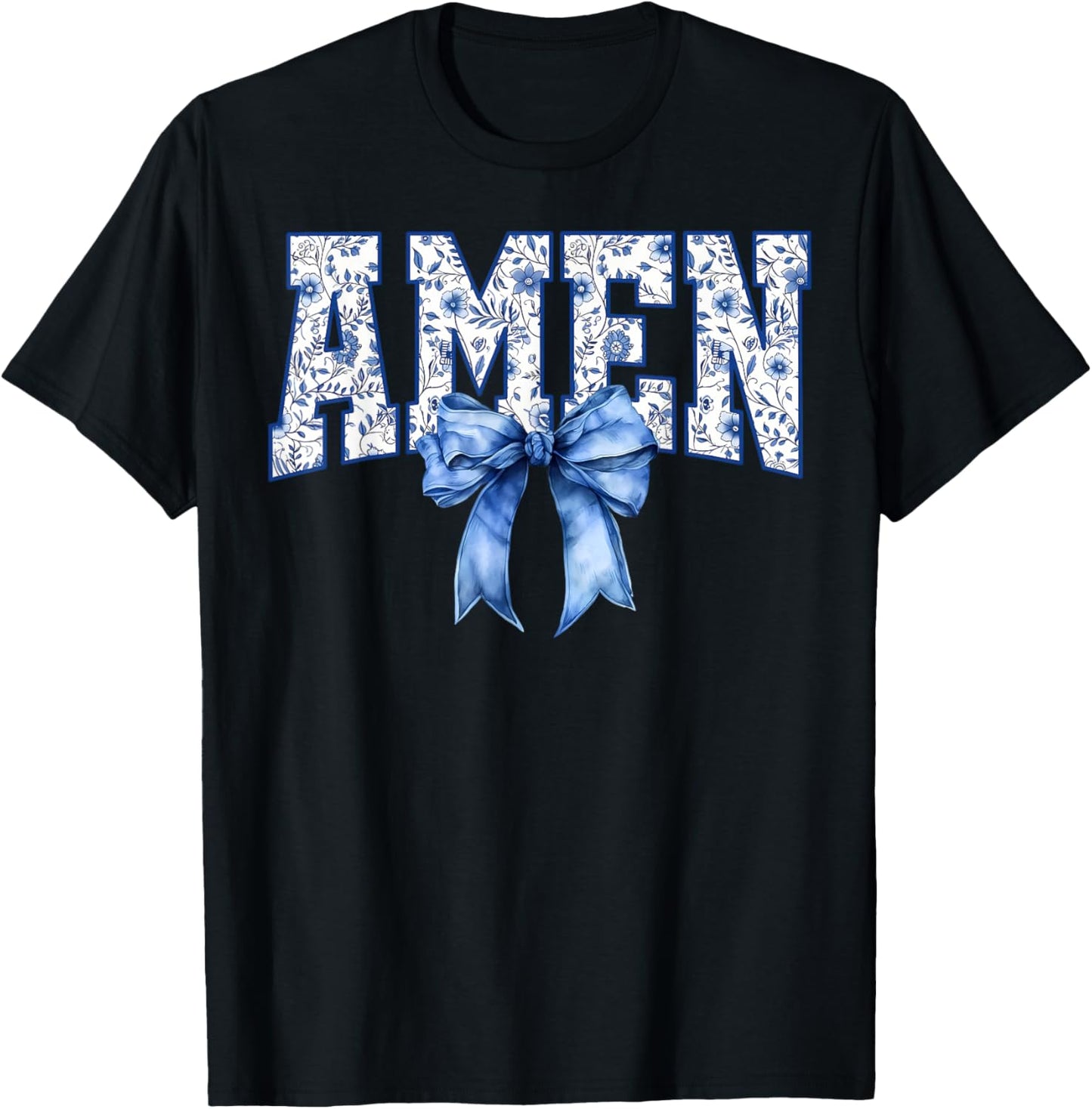 Amen Floral Toile Blue Coquette Bow Religious Faith Jesus T-Shirt