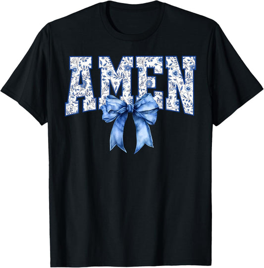 Amen Floral Toile Blue Coquette Bow Religious Faith Jesus T-Shirt
