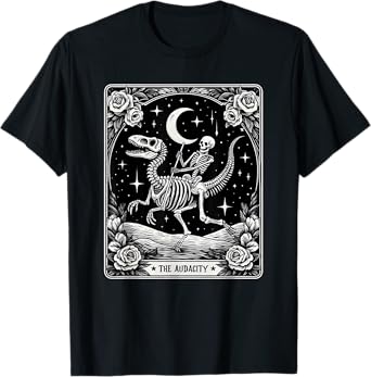 The Audacity Skeleton Riding Dinosaur Tarot Card Halloween T-Shirt