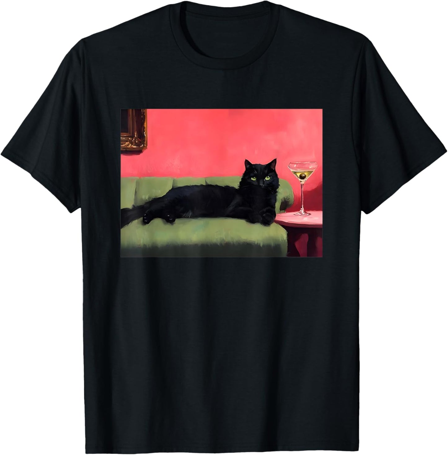 black cat with martini art print T-Shirt
