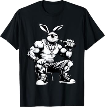 Thug Bunny Drinking Beer Muscles Gangster Rabbit Lovers Art T-Shirt