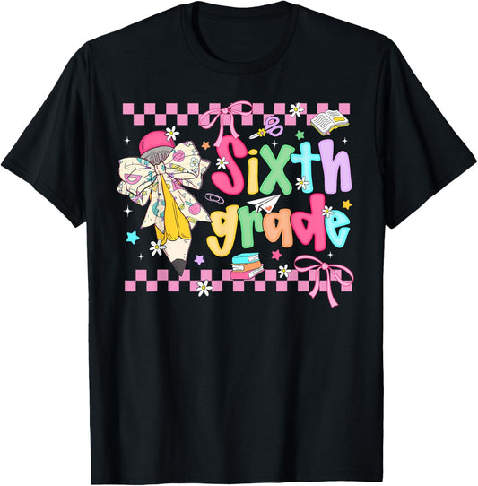Coquette Pencil Bow 6th Grade Back To School Teacher Tee by TeeBrew