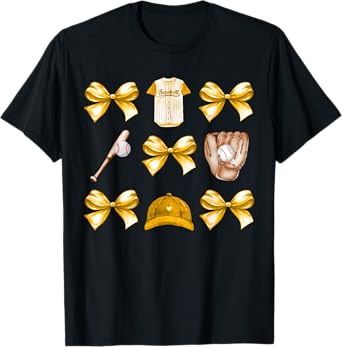 Baseball Game Day Yellow Coquette Bow Baseball Mom Retro T-Shirt