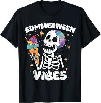 Summerween Vibes Skeleton Ice Cream Art Summer Halloween Fun T-Shirt