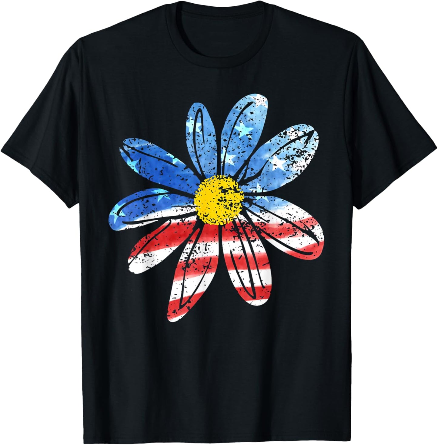 Floral American Flag Daisy 4th July Women Girls Patriotic T-Shirt