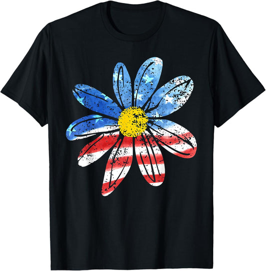 Floral American Flag Daisy 4th July Women Girls Patriotic T-Shirt