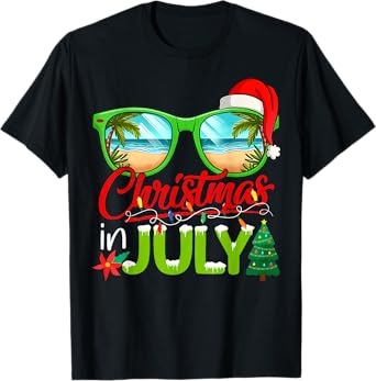 Christmas In July Sunglasses Santa Hat Summer Beach Xmas T-Shirt