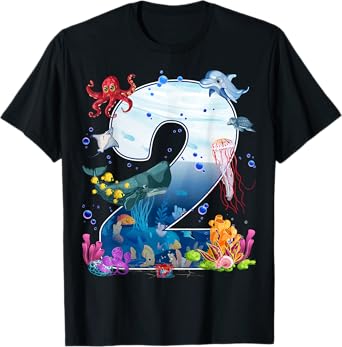 2nd Birthday Party Ocean 2 Year Old Sea Fish Aquarium Boy T-Shirt