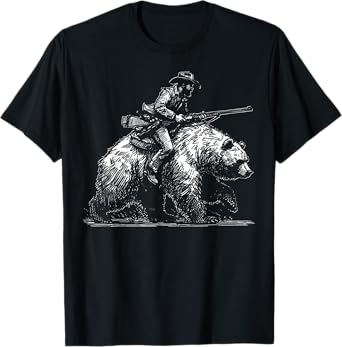 Retro Cowboy Riding Bear Funny West American T-Shirt