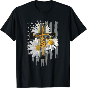 Faith Cross Casual Cross Daisy US Flag Floral T-Shirt