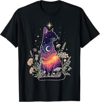 Cute Mystical Cat Lover Kitten Floral Women Girls Halloween T-Shirt