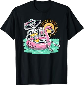 Retro Summer Skeleton Flamingo Float Vacation Beach Drink Men Women T-Shirt