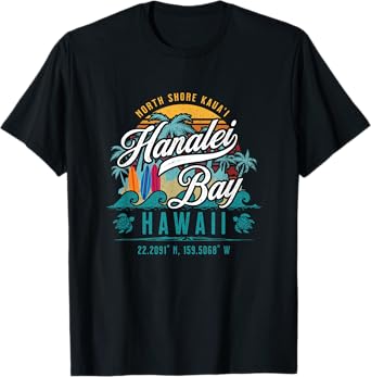 Hanalei Bay North Shore Kauai Hawaii Retro Sun Surf Fishing T-Shirt