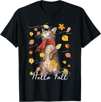 Hello Fall Cat Shirt Cat Autumn Leaves Kitten Lover Men Women Kids T-Shirt