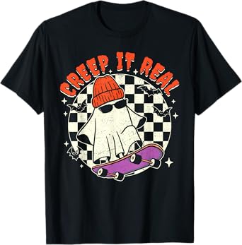 Halloween Ghost Creep It Real Skateboarding Retro Costume T-Shirt