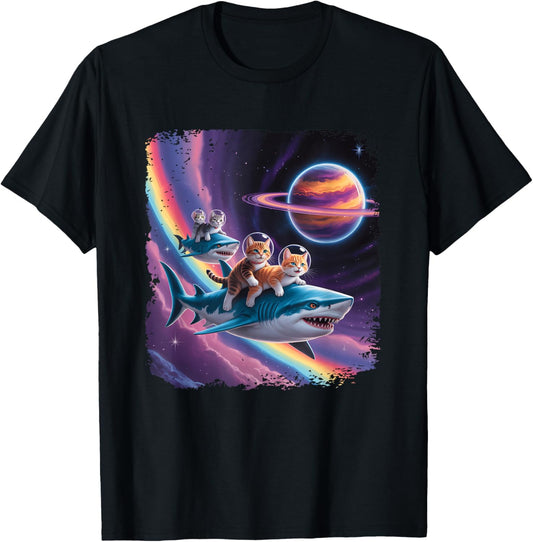 Rainbow Galaxy Cat Riding Shark in Space Sci-fi Space Planet T-Shirt