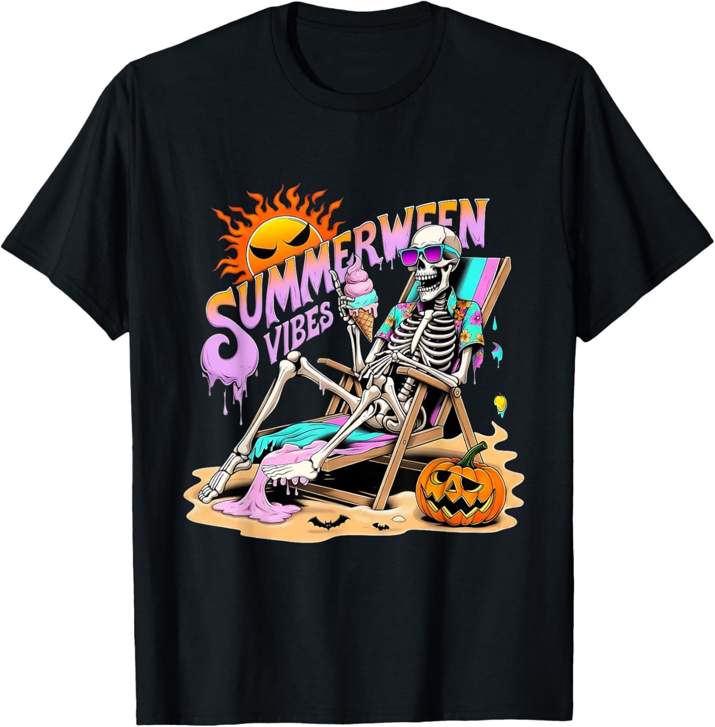 Summerween Vibes Skeleton Pumpkin Spooky Vacation T-Shirt