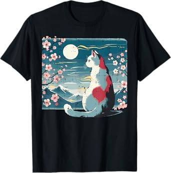 Japanese Cat Mountain Sakura Cherry Blossom Women Girls Kids T-Shirt