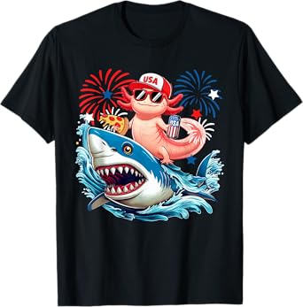 Axolotl Riding Shark With Beer Pizza 4th Of July Patriotic T-Shirt