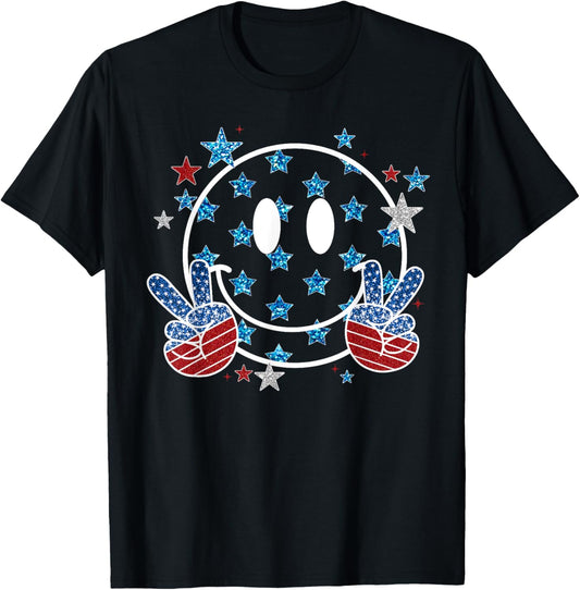 Happy 4th Of July Groovy Smile Face Red White Blue Usa Flag T-shirt