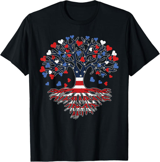 American Tree 4th Of July USA Flag Hearts Roots Patriotic T-Shirt