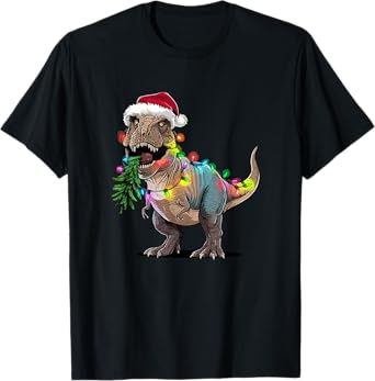 Christmas Tree Lights Santa Hat T-Rex Dinosaur T-Shirt