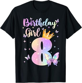 Birthday Girl 8 Year Old Butterfly Theme Party 8th Bday Kids T-Shirt